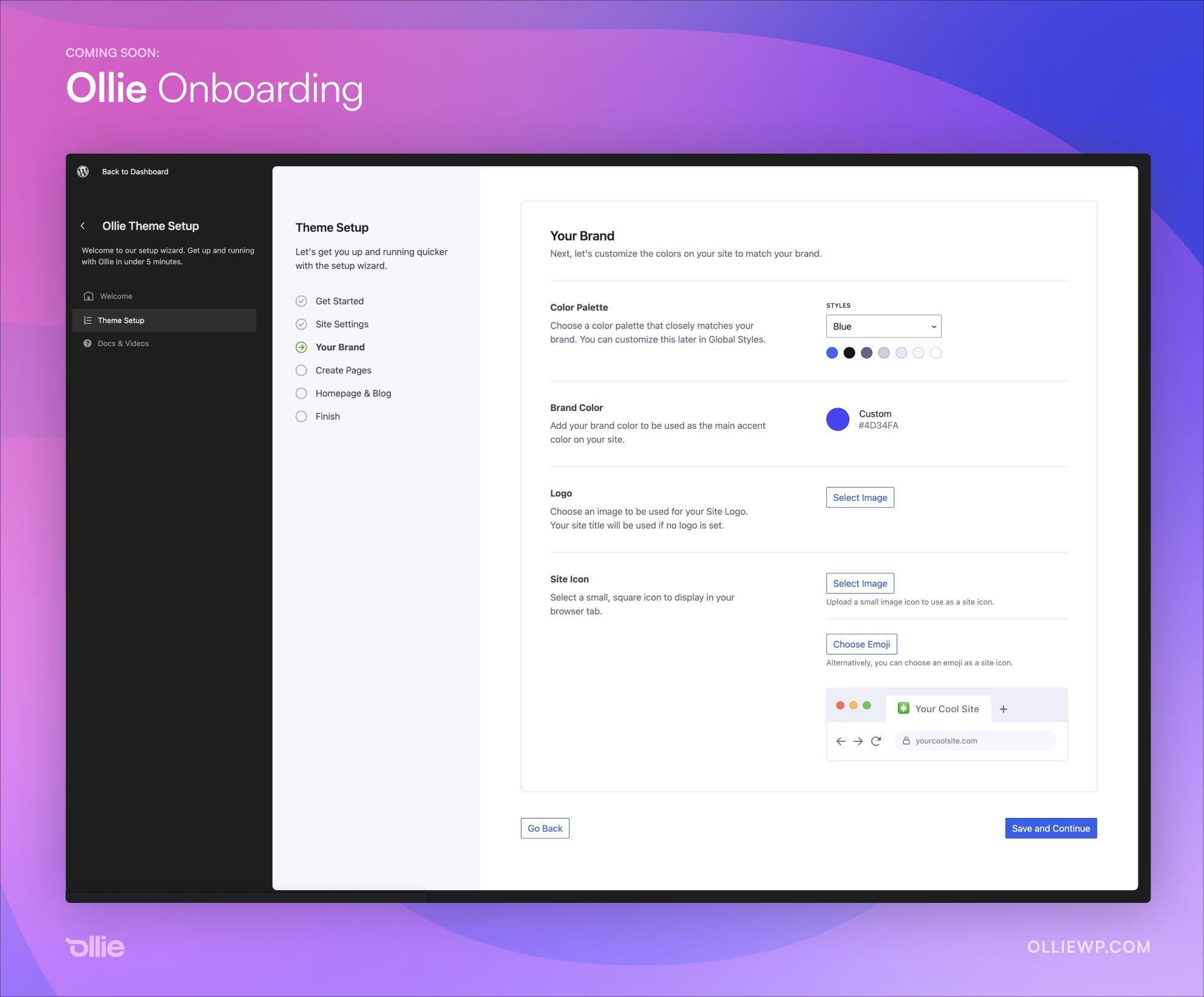 Ollie Theme Previews New Onboarding Wizard in Development