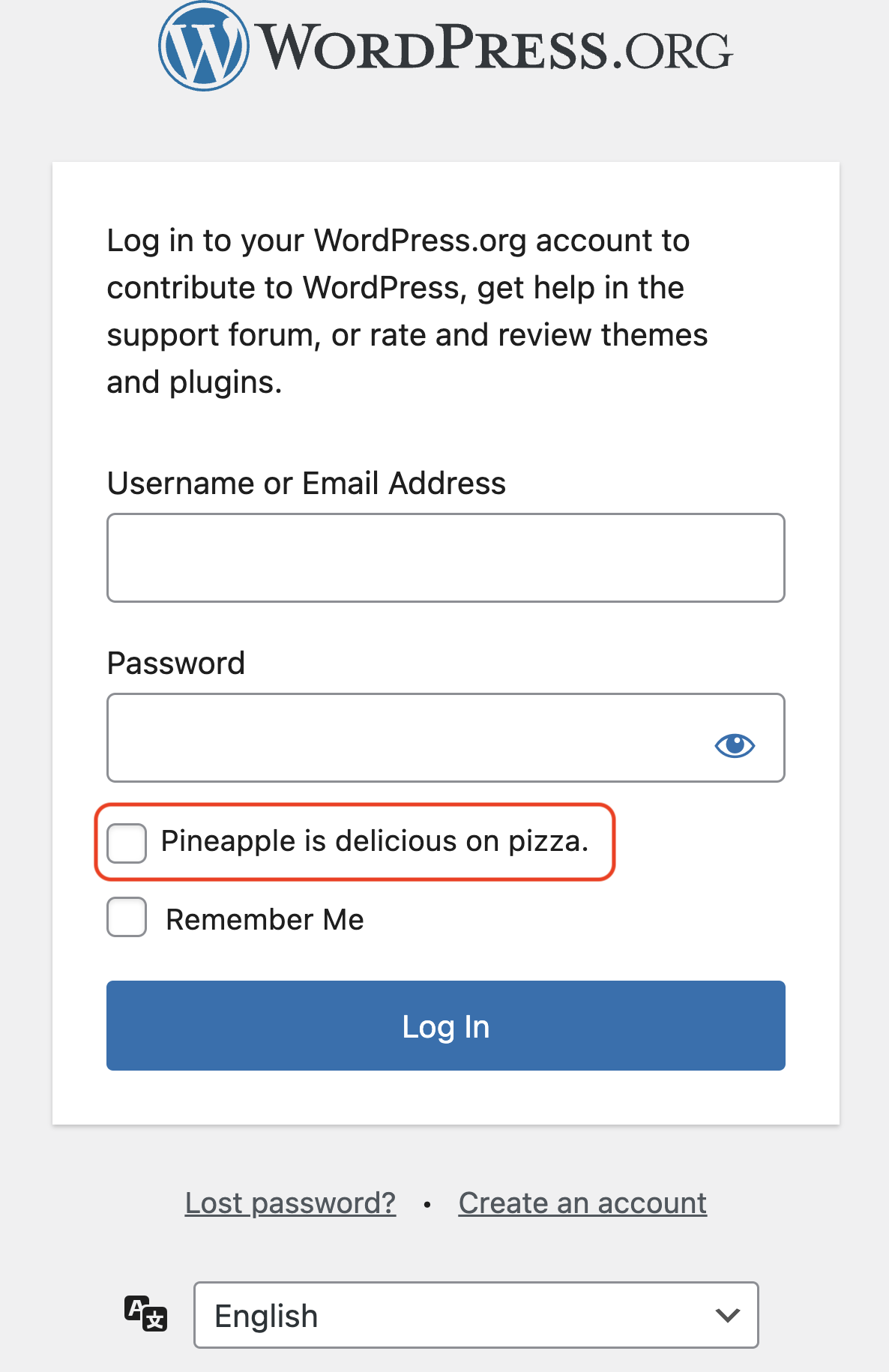 WordPress.org Login Introduces Mandatory Pineapple Pizza Checkbox